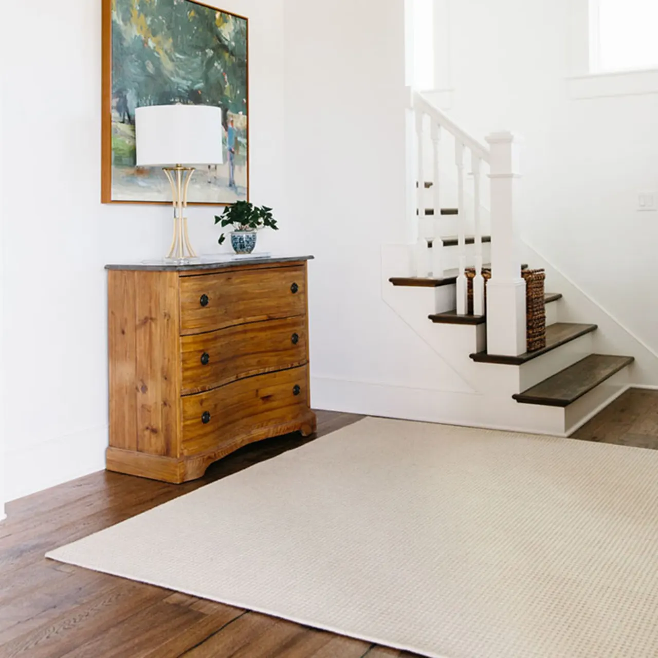 New England Harvest wool rug with serged edge in entry way