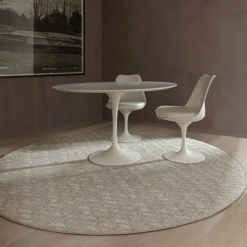 enduring design: bahia as a circular dining area rug in color turtledove