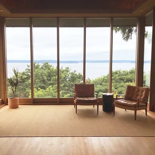 Ravenna Honey area rug in sun room with water view