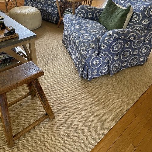 Astoria Light Honey SynSisal® rug with infinity edge border in rustic cottage living room