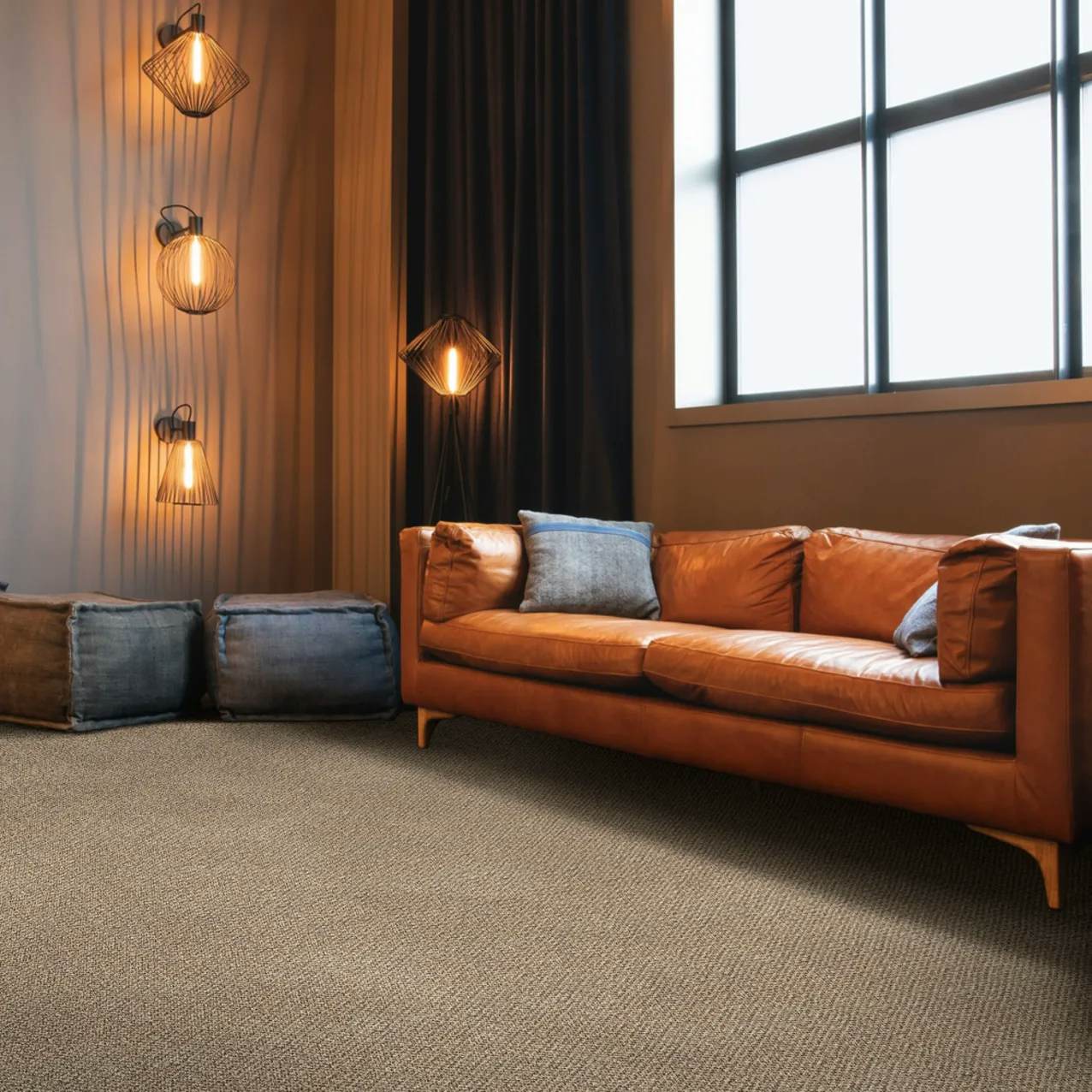 SynSisal®'s Langley Smoke synthetic sisal carpet in midcentury modern office lobby